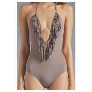 L*Space Stardust taupe fringe one piece monokini